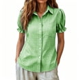 thumbnail image 7 of hoksml Women's Gingham Button-Down Shirt, Collared Puff Short-sleeved Blouse with Pocket, Casual Plaid Daily Office Wear Top, 7 of 7