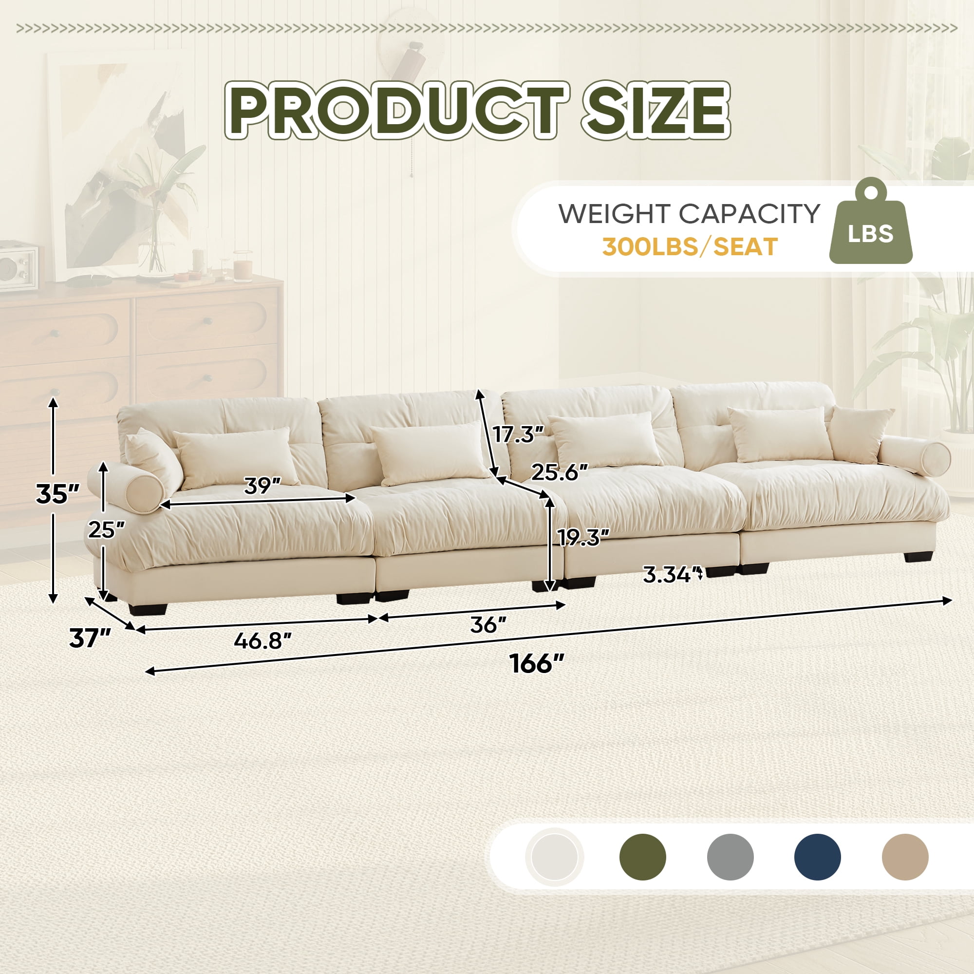 FFH Couches for Living Room, 166" Oversized 4 Seater Sofa, Modern Modular Sectional Sofa Cloud Sofa with Deep Seat (Velvet Beige, 4 Seater)