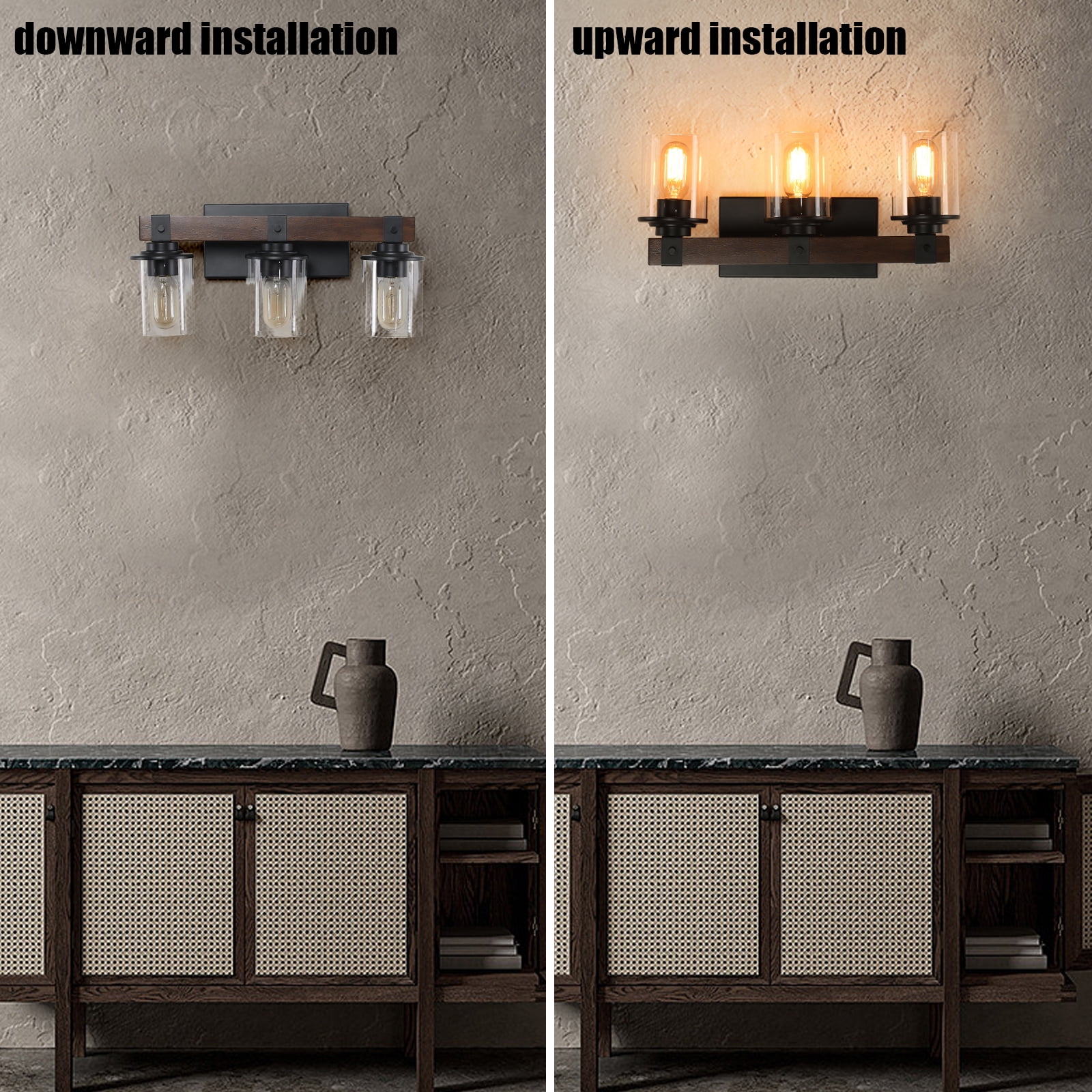 HomArltek Rustic Vanity Light, 19" 3-Light Wall Mount Lamp with Glass Shades, Farmhouse Wall Sconce with Wood Accent, Industrial Lighting Fixture for Bathroom Mirror Vanity Hallway, E26 Base