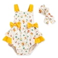 thumbnail image 5 of ZEHJUHAN Baby Girls' Ruffle Sleeveless Halter Romper + Headband Set, Bow Print Summer Outfit with Snap Closure Yellow，12-18M, 5 of 9
