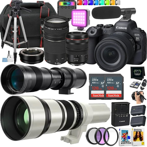 Canon EOS R6 Mark II Mirrorless Camera   Canon RF 24-105mm USM and EF 75-300mm   420-800mm and 650-1300mm Lens (25 Piece Bundle) (International Version)