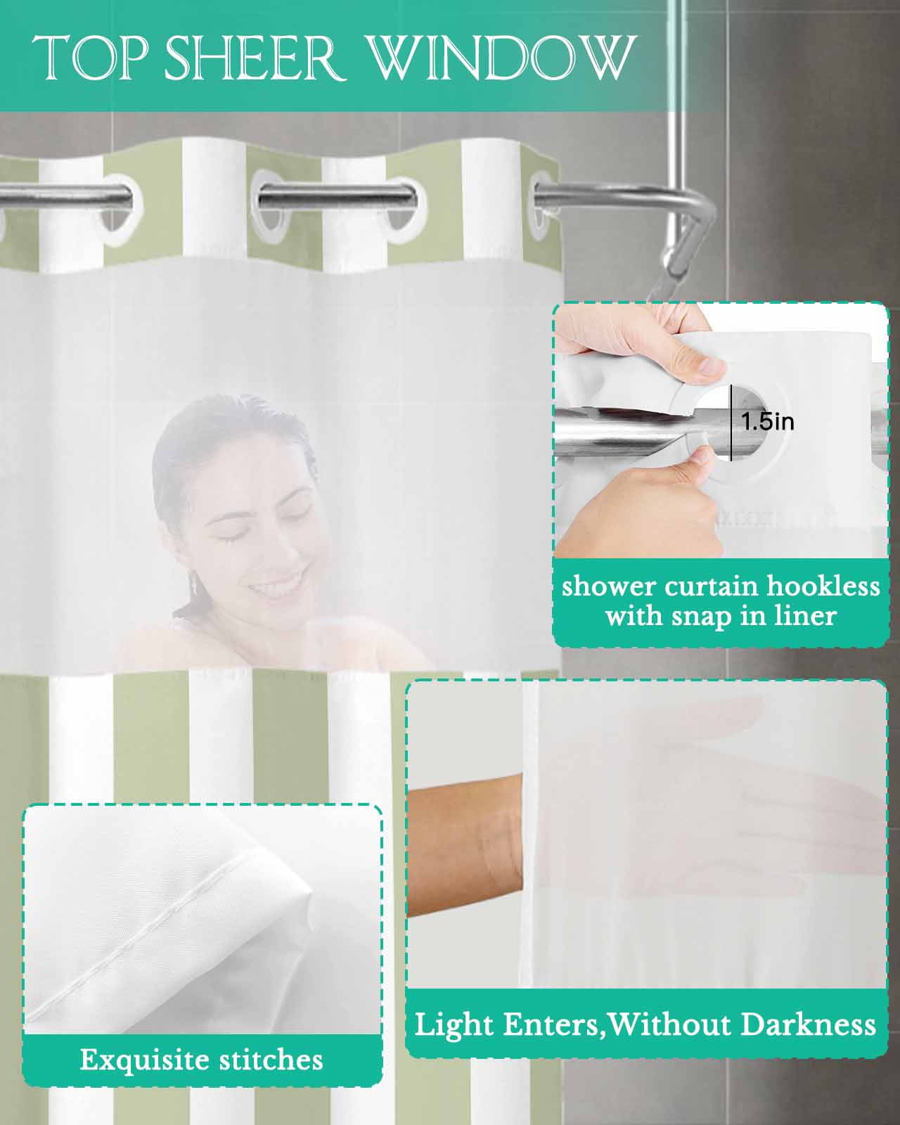 No Hook Shower Curtain with Snap in Liner, Sage Green and White Striped Geometric Hotel Shower Curtains for Bathroom, Washable Shower Curtain Liner Set with Mesh Top Window, 54"x78"
