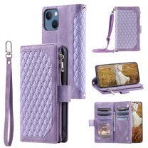 Feishell Crossbody Wallet Phone Case for iPhone 14,Luxury PU Leather Magnetic Buckle Zipper Pocket Card Slots Shockproof Flip Stand Protective Cover with Hand Strap & Shoulder Strap,Purple