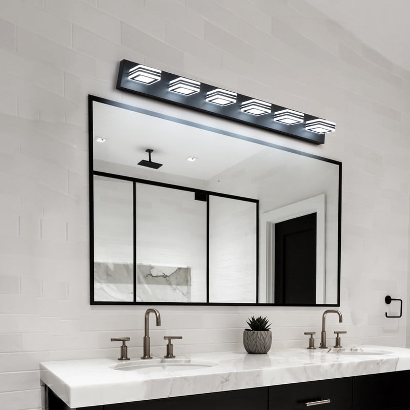 39" Modern Black 6-Light LED Vanity Light with Square Acrylic Shades, Hardwired Wall Mount Bathroom Lighting Fixture for Mirror, Powder Room, or Bedroom Décor