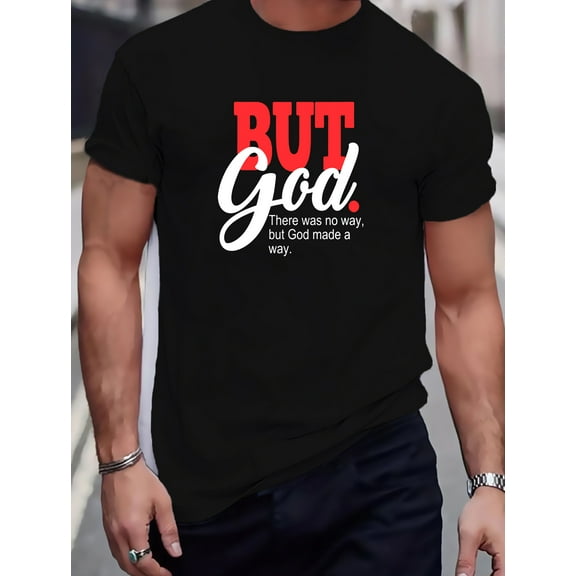 Men's Casual "But God" Graphic T-Shirt - Stretchy, Breathable Polyester Blend, Round Neck, Short Sleeve, Regular Fit for Spring/Summer/Fall, PLUS SIZE