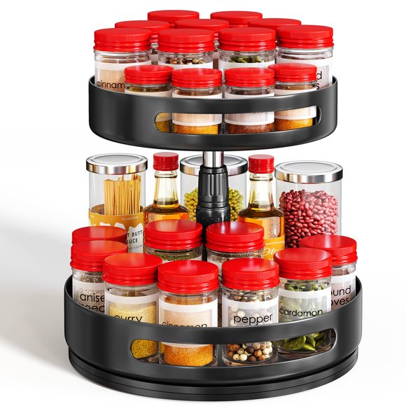 Lazy Susan Organizador de especias de 2 niveles – Organizador giratorio de condimentos de metal, plataforma giratoria de altura ajustable, organización de especias para gabinete, despensa, mostrador d