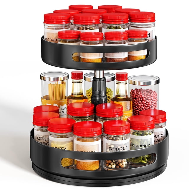 Lazy Susan Organizador de especias de 2 niveles – Organizador giratorio de condimentos de metal, plataforma giratoria de altura ajustable, organización de especias para gabinete, despensa, mostrador d