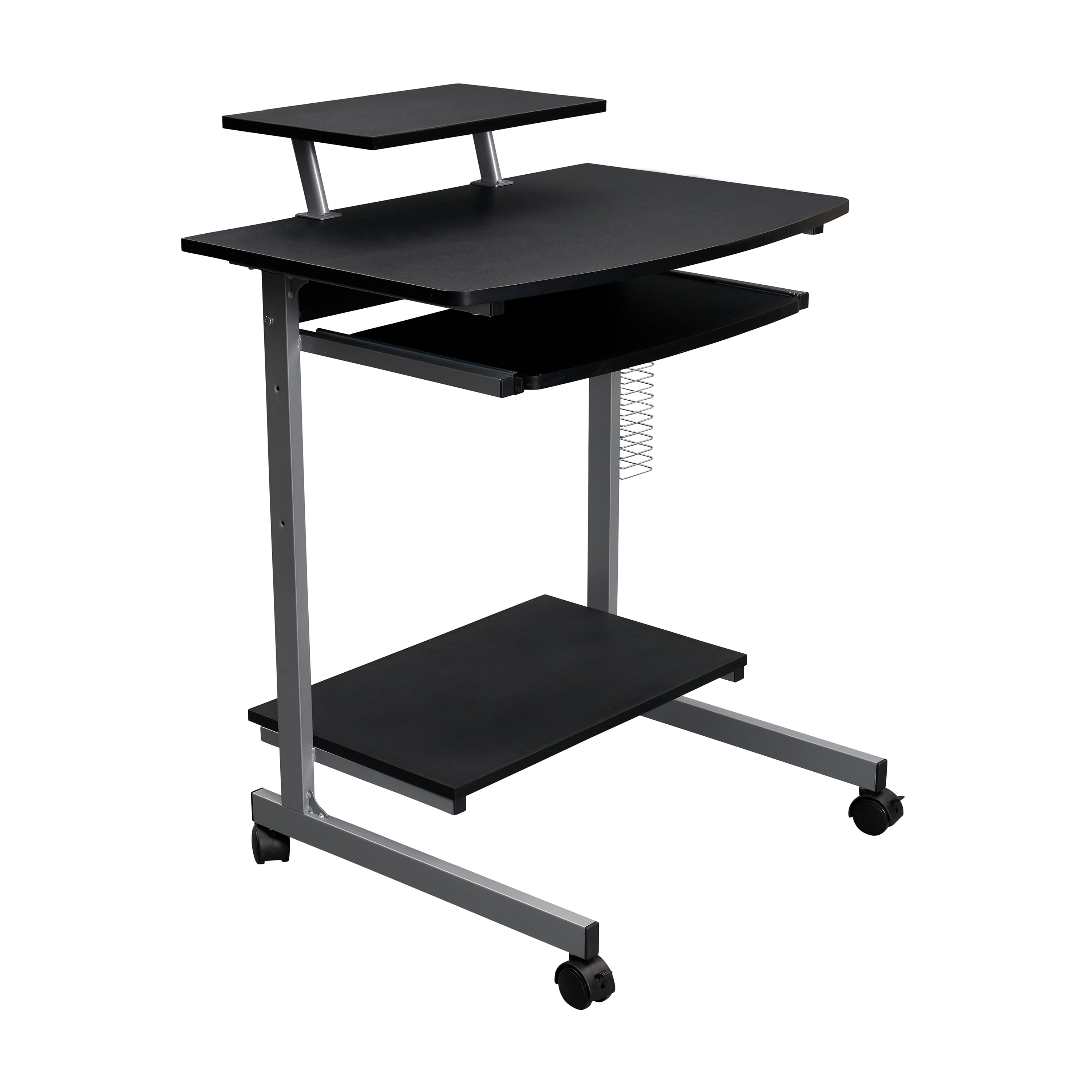 Compact Computer Cart with Multi Storage Shelves, Adjustable Side Shelf Slide-Out Keyboard Tray Lockable Casters Moisture Resistant Particle Board PC Workstation Cart