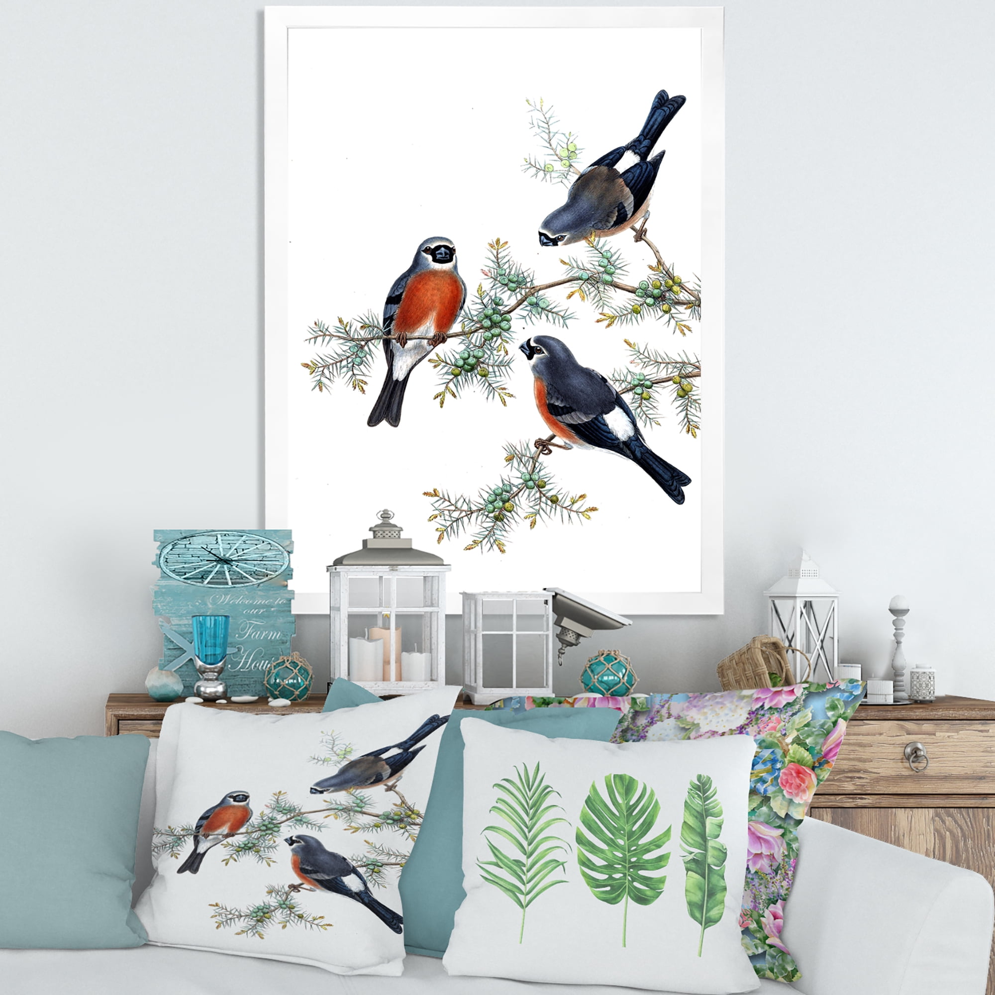 Designart 'Vintage Countryside Birds On Branch III' Farmhouse Framed Art Print