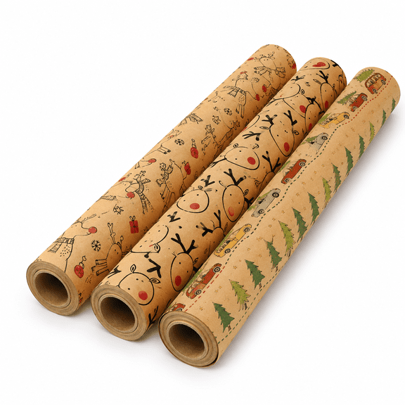 Caneden 3‑Pack Kraft Wrapping Paper Rolls, Rudolph Reindeer, Christmas Car & Doodle Reindeer, Christmas Holiday Gift Wrap