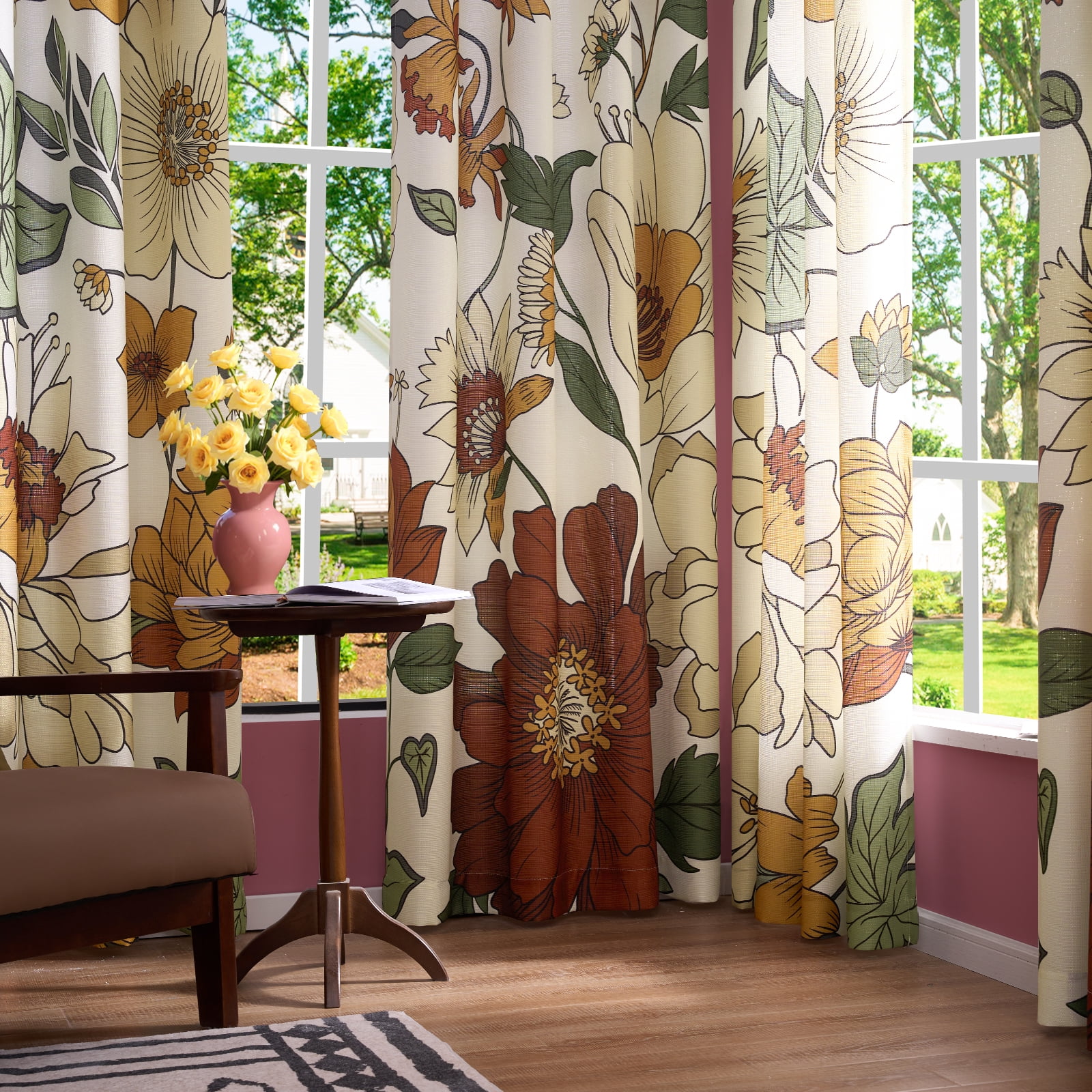Curtainking Floral Curtains for Bedroom Linen Textured Curtains for Living Room Vintage Flower Pattern Printed Window Curtains 96 Inches Length 2 Panels Set with Grommet Beige