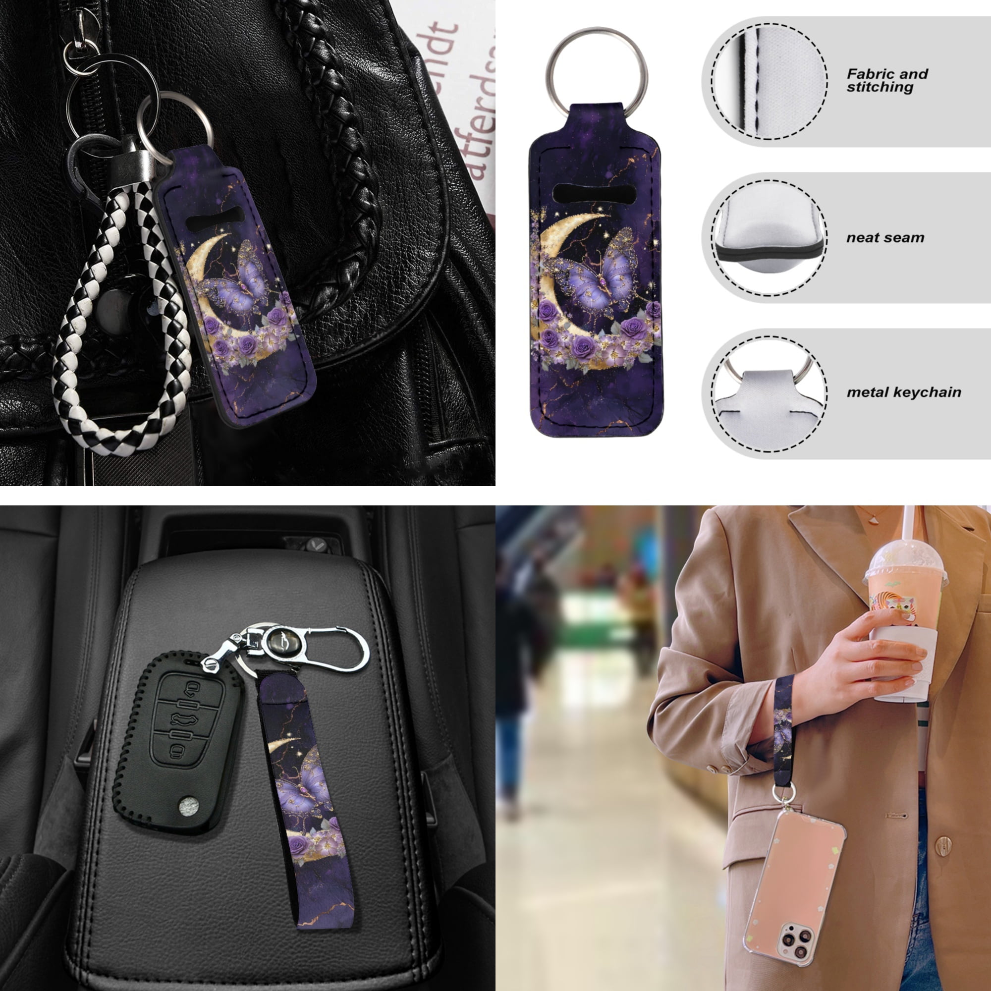Jeiento Butterfly Car Seat Cover Full Set Car Floor Mats Steering Wheel Cover Seatbelt Cover Moon Armrest Cover Purple Universal Auto Interior Accessories Set for Women Men