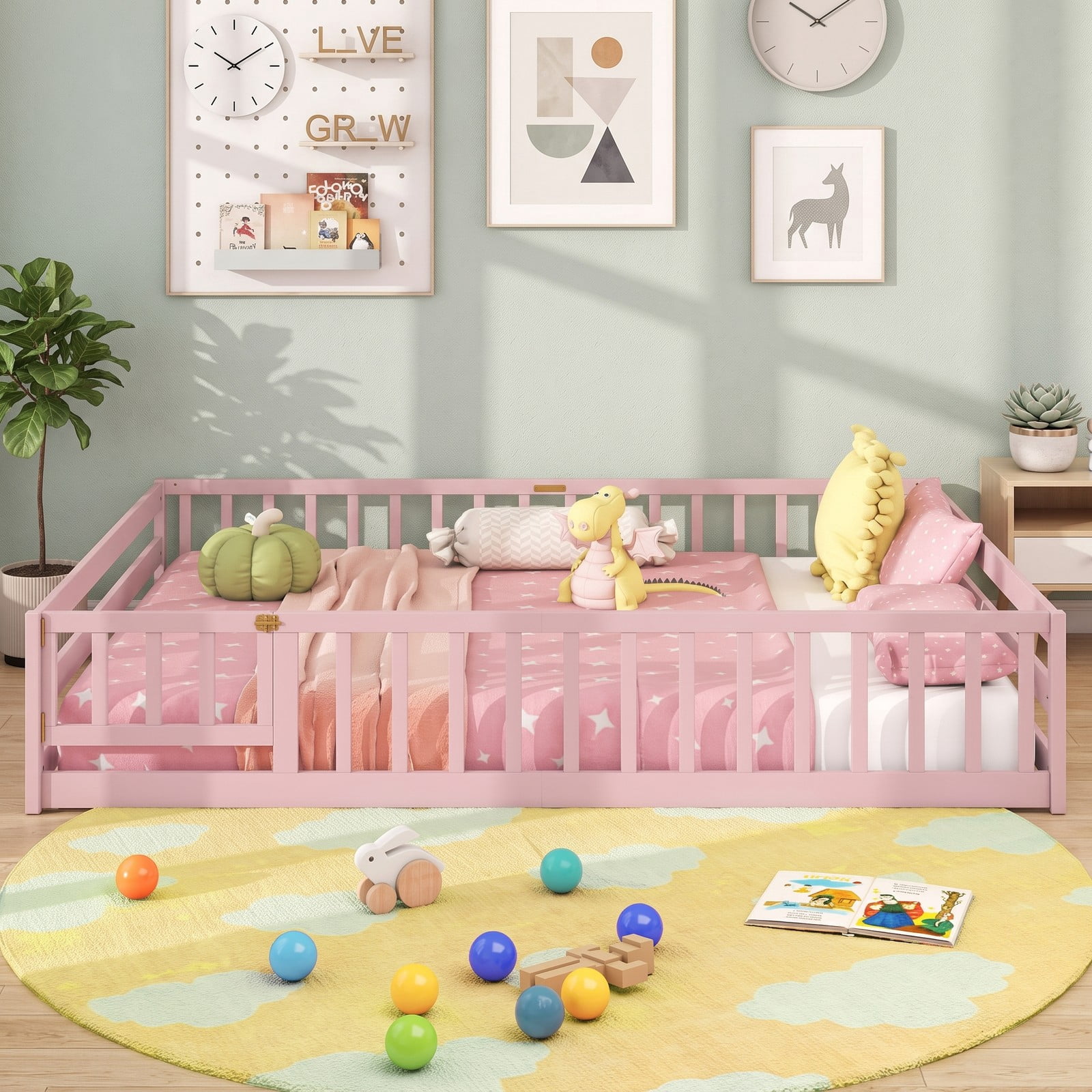 Furnibear Queen Size Wood Montessori Floor Bed Frame with Full Length Guardrails and Lockable Gate, Queen Bed Frame for Kids Bedroom, Pink