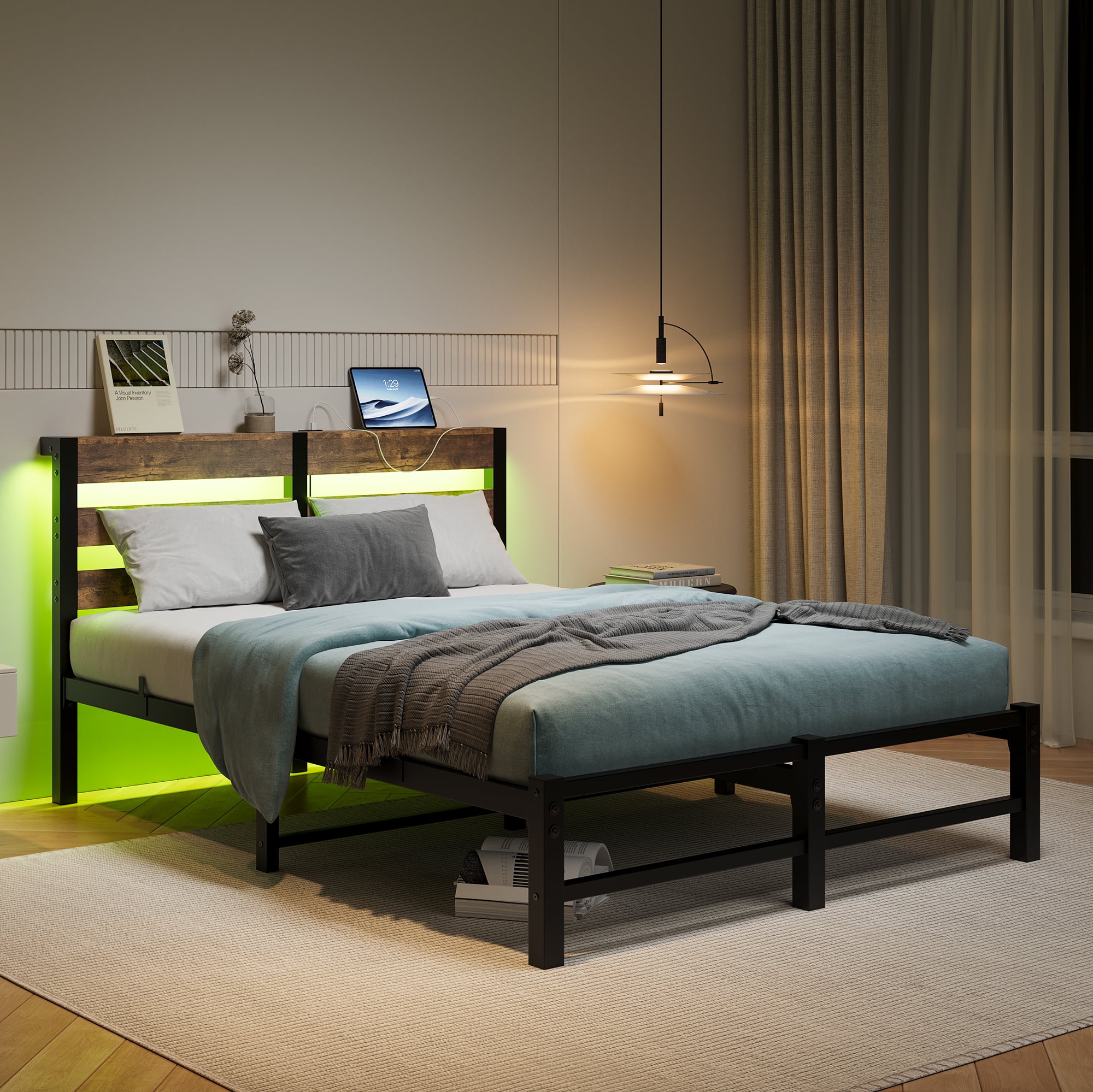 MAYEERTY Brown Full Heavy Duty Bed: Headboard, USB Charging, LED Lighting, No Box Spring​
