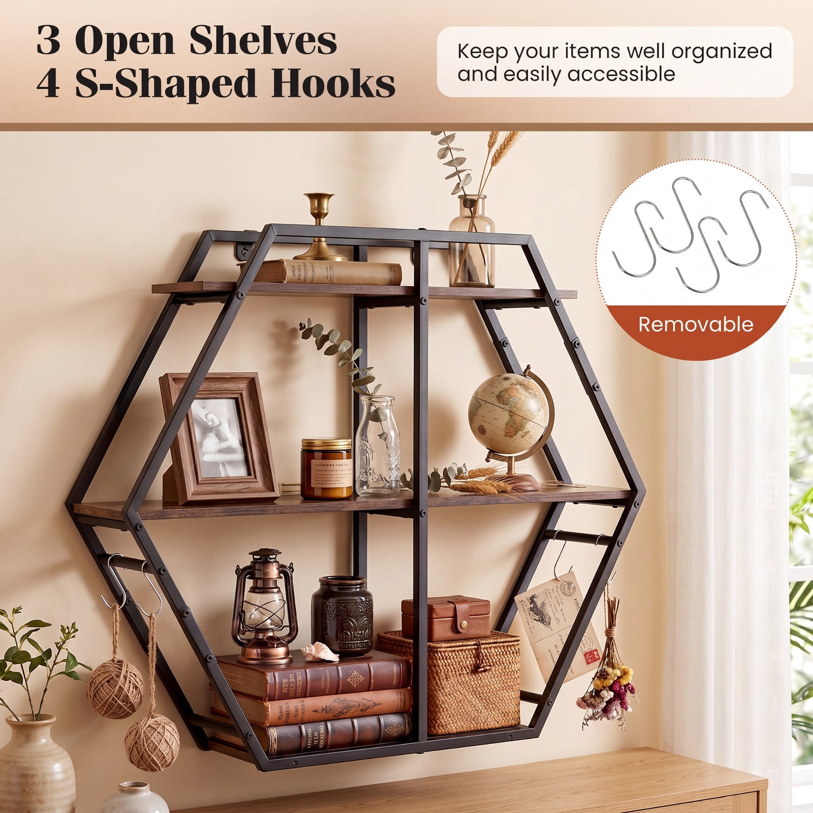 Furnibear 3-Tier Geometric Bookcase with S-Shaped Hooks for Living Room for Living Room Home Office Bedroom Display Storage Shelf, Rustic Brown