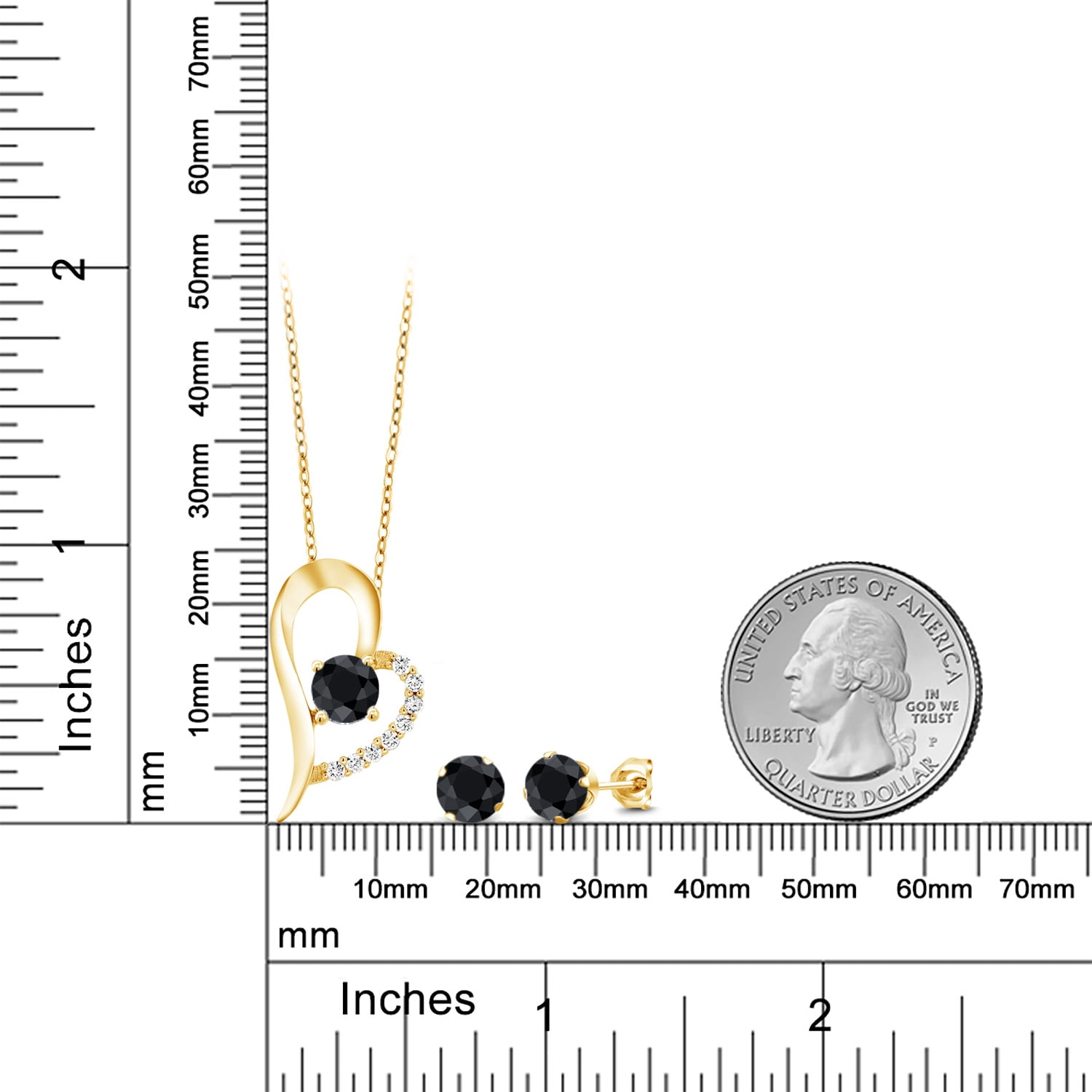 Gem Stone King 18K Yellow Gold Plated Silver Black Sapphire Pendant and Earrings Jewelry Set for Women (3.77 Cttw, Gemstone September Birthstone, Round 6MM)