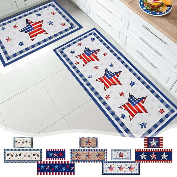 Juego de Dos Alfombras de Cocina con Temática Del Día de La Independencia, con Felpudos Patrióticos Antideslizantes con Estampado de Banderas Rojas, Blancas y Azules para Fregadero y Cocina.