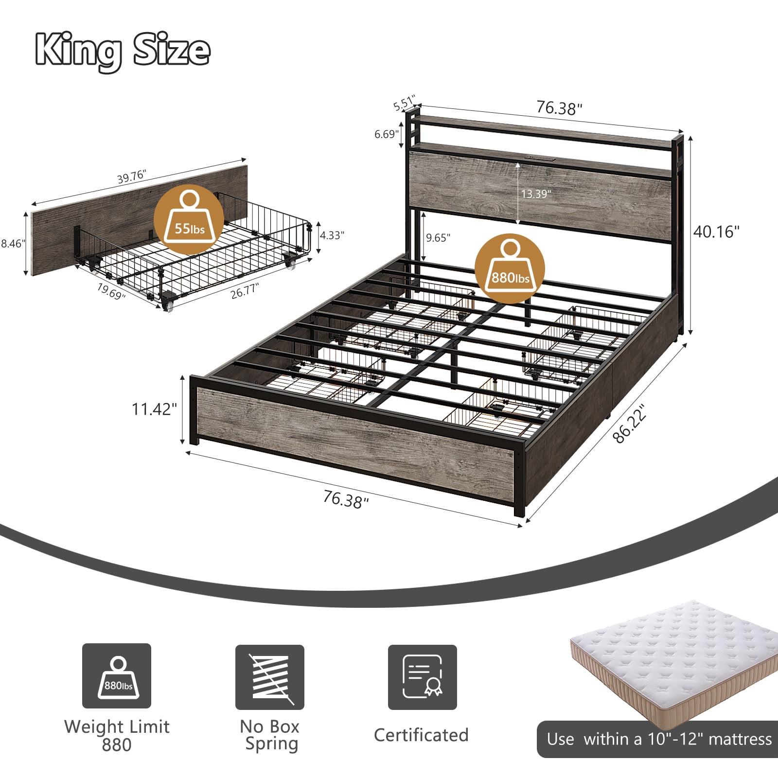 Zimtown King Bed Frame with 2-Tier Storage Headboard, Metal Platform Bed Frame with 4 Storage Drawers, Built in Charging Station & LED, Gray