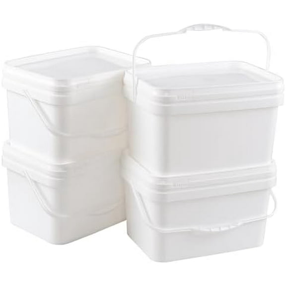 3 Gallon White Plastic Square Bucket with Lid for Food Storage, 4 Pcs Rectangular Utility Plastic Bucket Pail with Lid and Handle$$Tools & Hardware Other