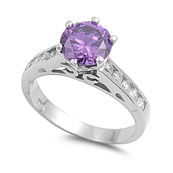 CHOOSE YOUR COLOR Round Simulated Amethyst Solitaire Wedding Ring 925 Sterling Silver Band Purple CZ Female Size 6