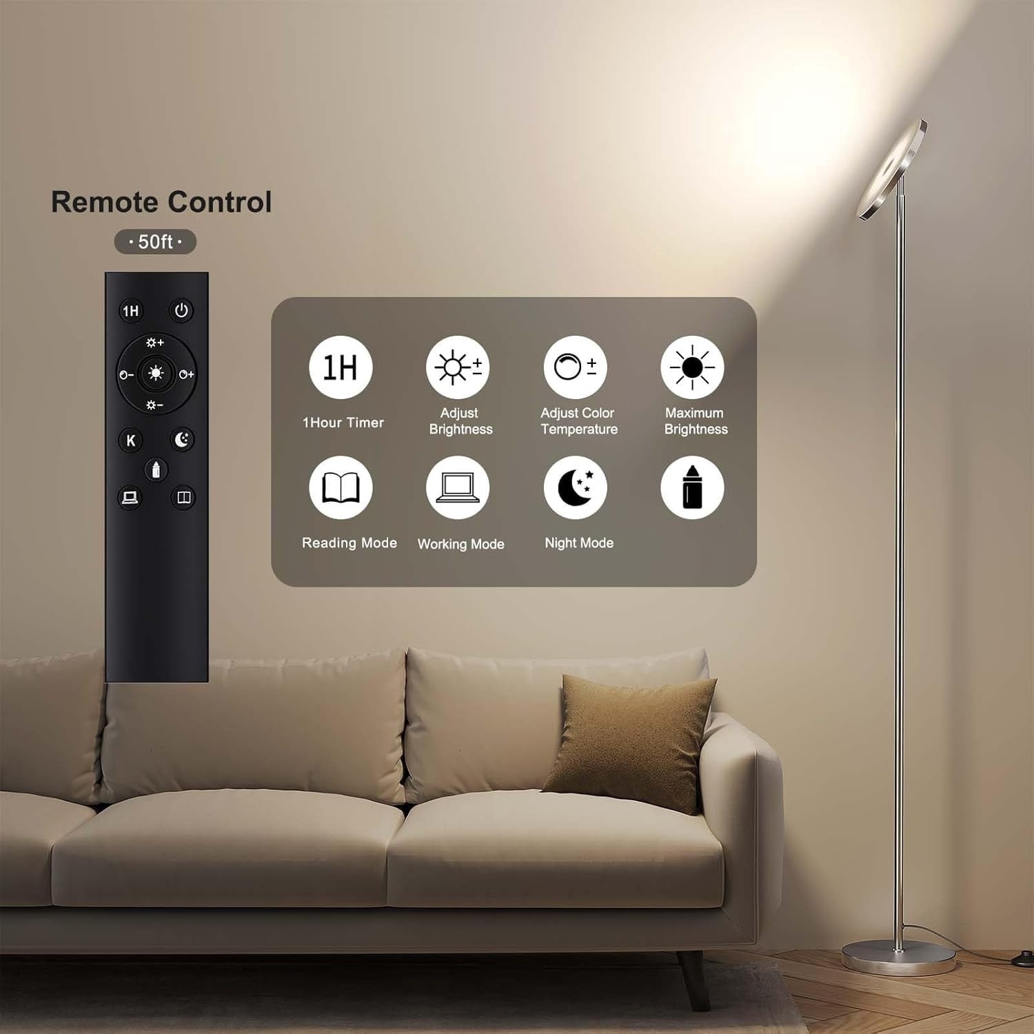 Floor Lamps for Living Room, 32W/3000LM Super Bright LED Floor Lamp with Remote Control, 69" Tall Standing Lamp with Stepless Dimmable, Modern Corner Lamp for Bedroom, Office Nickel