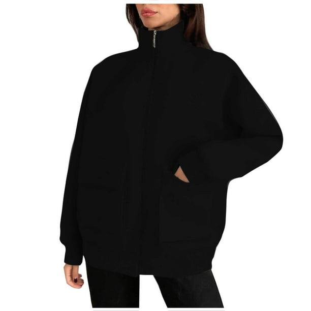 Chaquetas y abrigos casuales de manga larga sin capucha para mujer, de color liso, con doble bolsillo, de manga larga, con cuello vuelto y cremallera, chaquetas y abrigos casuales sin capucha para muj