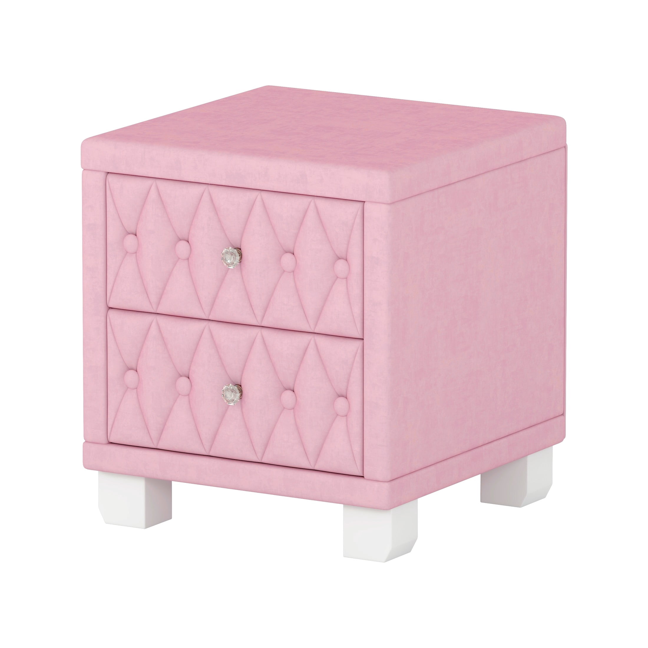 GDF Studio Alley Elegant Velvet 2-Drawer Nightstand with Crystal Handles, Button-Tufted Storage Bedside Table, Pink