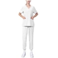 thumbnail image 2 of Ndbuld Scrub Set for Women V-Neck Scrub Top & Jogger Pants Women's Short Sleeved Solid Color Pocket Protective Suit Set Short Sleeved V-neck Top/shirt Set Clearance Under 10,White,L, 2 of 6
