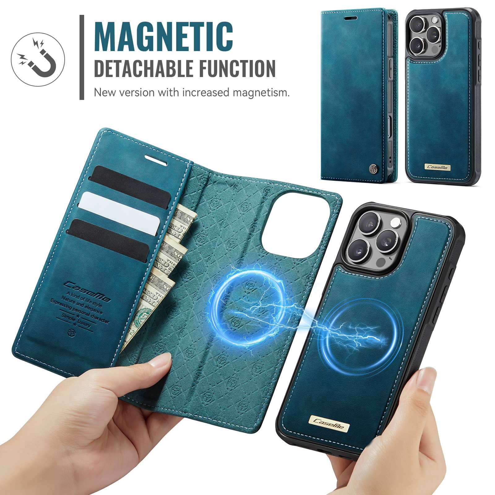 Magnetic 2 in 1 Magsafe Detachable Wallet Case for iPhone 16 Pro Max with Card Holder Women Men, Retro PU Leather【RFID Blocking】Kickstand Shockproof Cover