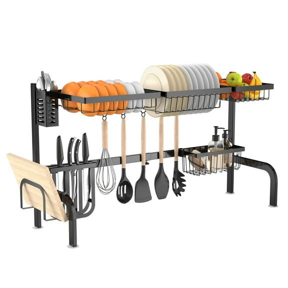 Sptwo | Over Sink Dish Drying Rack, 2-Tier Dish Drainer with Adjustable Length 21’’-39’’, 4 Storage Baskets, 5 Hooks, Chopping Board, Knife Holder, Stainless Steel Dish Drying Shelf