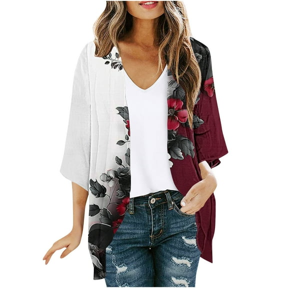 CYMMPU Tunic Tops 3/4 Sleeve Flower Printed Fall Fashion Chiffon Shirts Spring Tops Front Open Cardigan Loose Fit Blouses for Women Dressy Casual Kimono Cover Up for Beach Kimono Multicolor XXXL