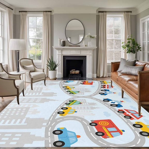 Blue Childlike Fun Area Rugs 5'x7', Washable Small Throw Rugs for Laundry Room Playroom, Abstract Modern City Car Silhouette Indoor Outdoor Rug Non-Slip Low Pile Carpet Runner Reversible Floor Mats