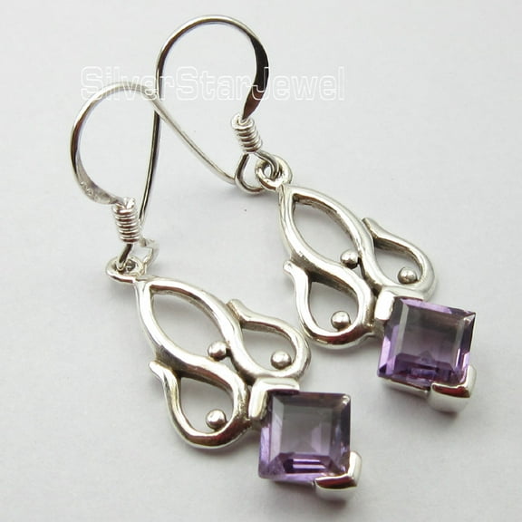 SilverStarJewel 925 Silver Earrings !! Square Amethyst Gem Jewelry 3.9 CM Christmas Day
