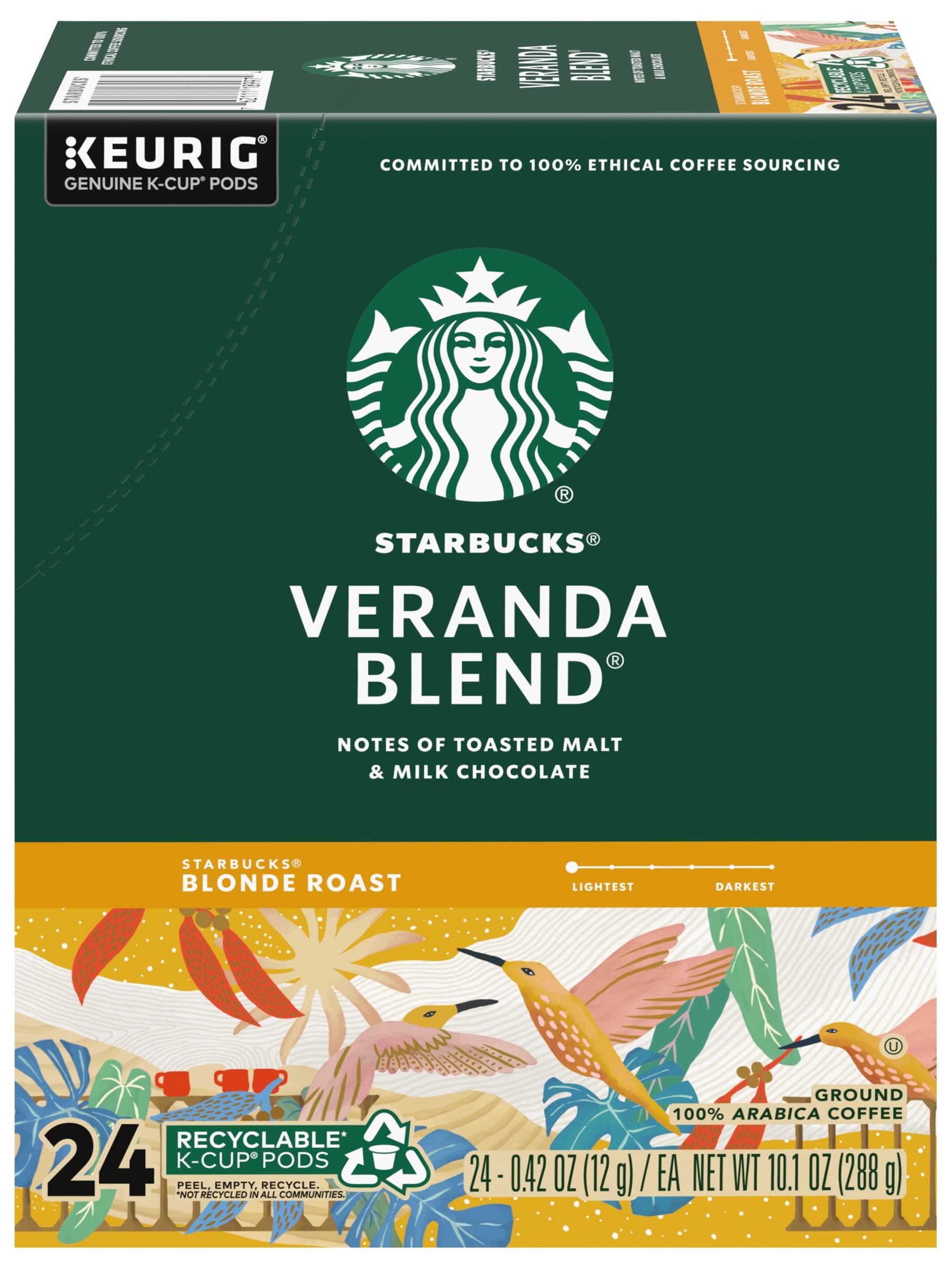 Starbucks Coffee K-Cup Pods, Veranda Blend, Blonde Roast Coffee, Notes Of Toasted Malt & Milk Chocolate, Keurig Genuine K-Cup Pods, 24 Ct K-Cups/Box (Pack Of 2 Boxes)