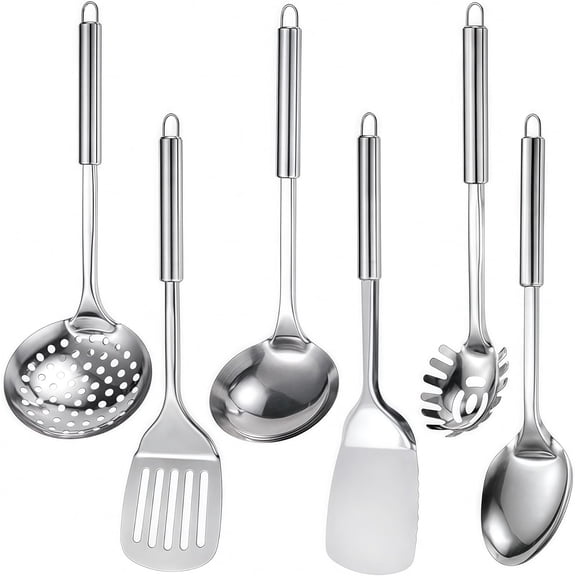 Stainless Steel Kitchen Utensils Set, 6 PCS Metal Cooking Utensils Set for Cooking, Heat Resistant Spatula Set Kitchen Tool Set with Turners, Serving Spoon, Ladle, Skimmer, Pasta Server