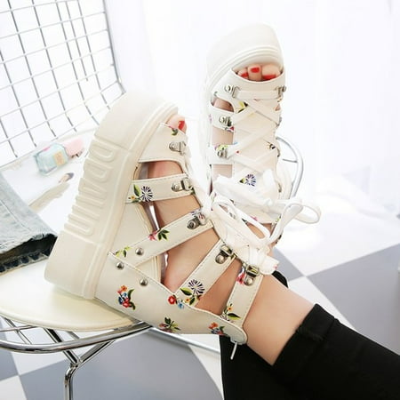 

Gladiator Sandals for Women Ladies Roman Sandals Low Wedge Slippers Lace Up Thick Bottom Fish Mouth Soft Insole Premium Orthopedic Walking Sandals Hollow Out Beach Slippers Shoes