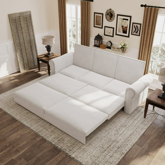 Aukfa 93.7" King Size Pull Out Sofa Bed, 3-in-1 Velvet Convertible Sleeper with Chaise Lounge, Nailhead Trim & Rolled Arms for Living Room, Bedroom, White
