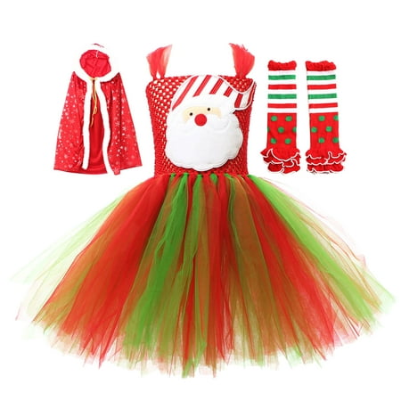 

IEUIBX Dress for Girls Toddler Christmas Custome Girls Dress Tutu Mesh Dress With Hooded Cloak Leg Warmer 3pcs Sets Performance Green 8-9 Years