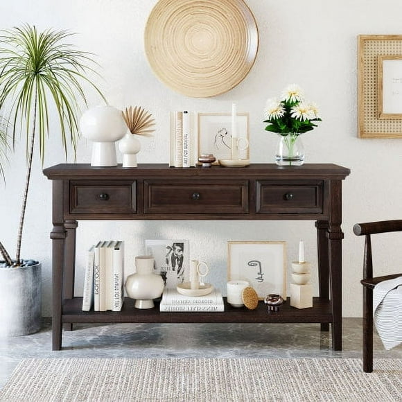 Console en Bois Style Ferme pour Couloirs, Vaisselier Étroit avec Tiroirs et Tablette Inférieure pour Entrée, Espresso