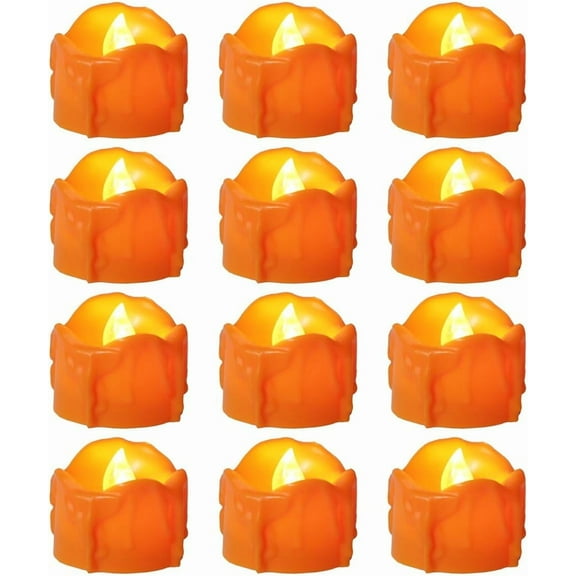 1.2 Inches Orange Flameless Votive Candles Real Wax Dripping Design, LED Faux Battery Operated Tealight Candles with Timer for Fall and Halloween (12 PCS)