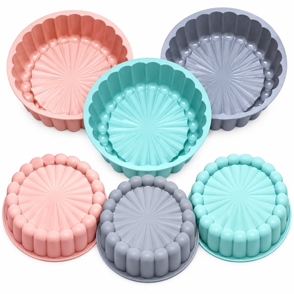 6 Pack 8 Inch Sunflower Silicone Cake Molds, Non-Stick Baking Pans, Heat Resistant Bakeware for Mille Cake, Mousse, DIY Baking, Pink, Gray, Green