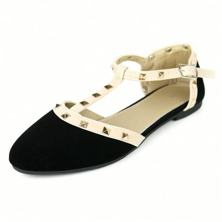 Women Studded Decor Round Toe Mary Jane Flats Fashionable Flat Shoes Rivets Ankle Strap Flat Sandals