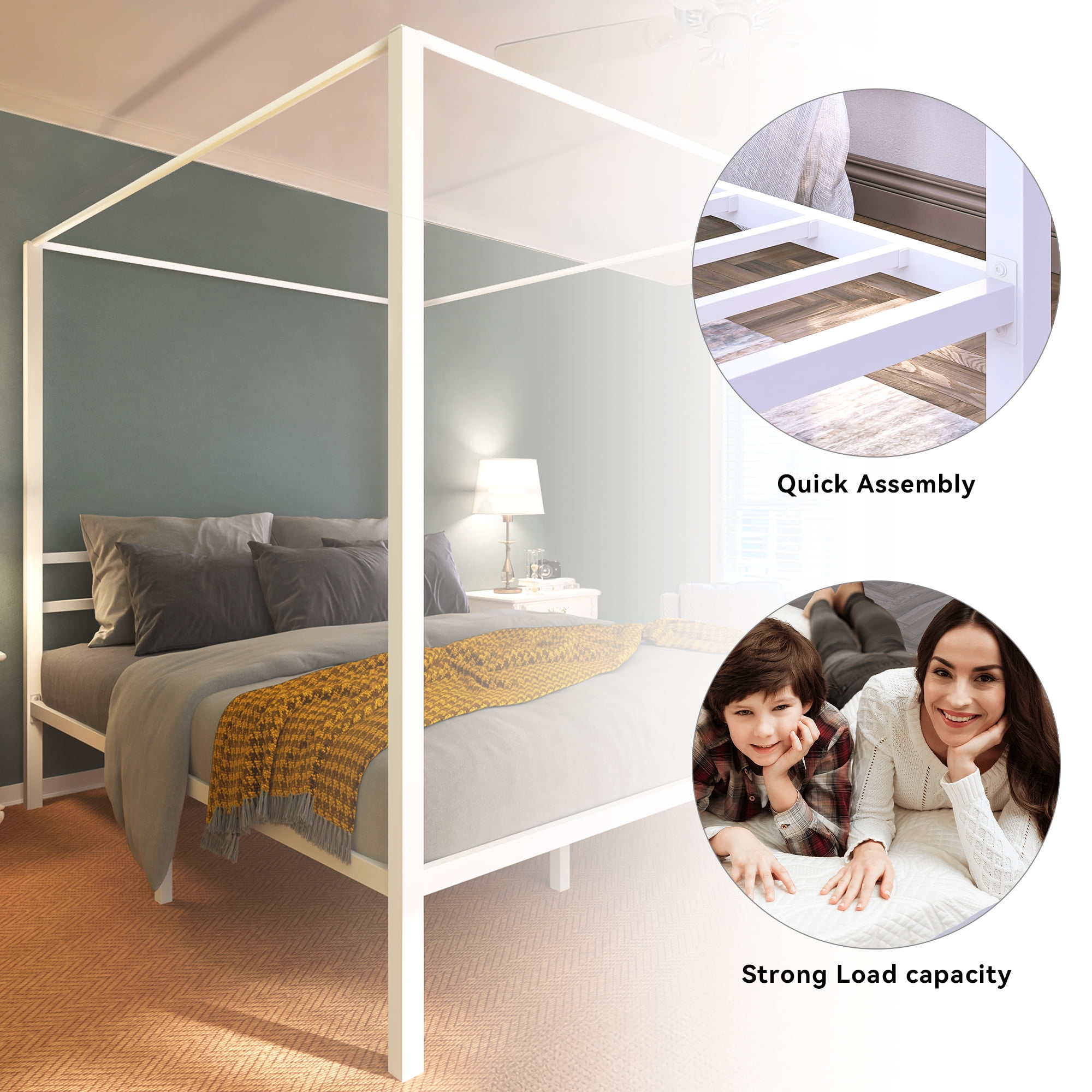 Dextrus Metal Four Poster Canopy Bed Frame - 14 inch King Size No Box Spring Required