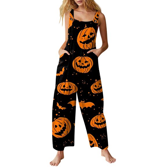 Women's Halloween Jumpsuits Castle Pumpkin Sleeveless Backless Funny Rompers Ghost Skull Halter Spooky Overalls, M