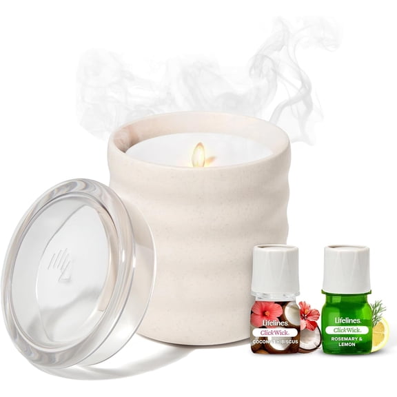 Lifelines Flameless Candle Essential Oil Diffuser Bundle with 2 ClickWick Essential Oil Blends, Cream Bubble