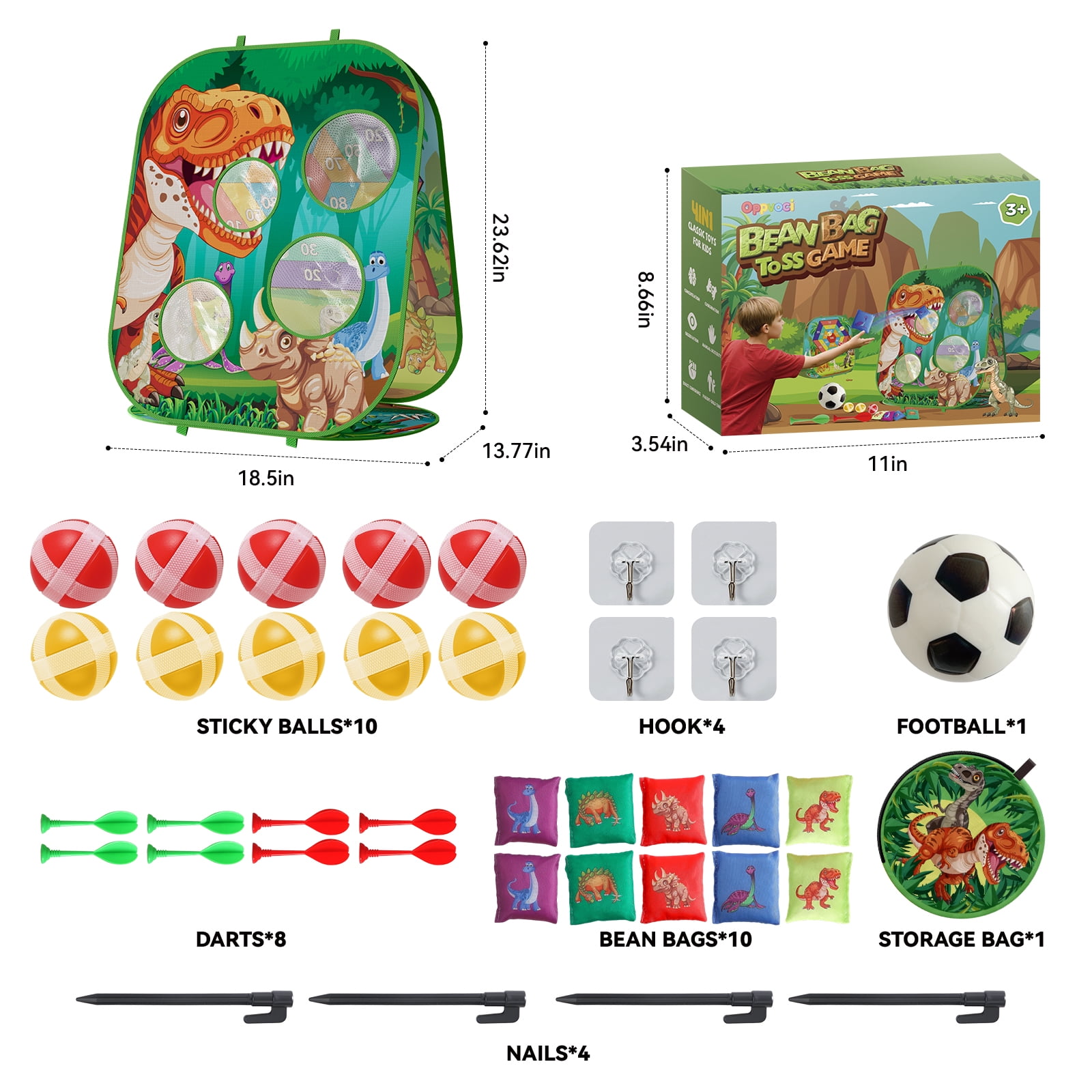 KNMDU 4-in-1 Cornhole Board Set with Bean Bag Toss, Soccer Goal, Safe Darts and Throwing Ball for Kids Ages 3-8