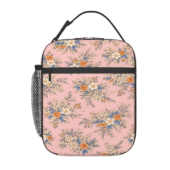 Vintage Flower Design Lunch Bag Reusable Thermal Lunch Tote with Handle for Women and Men