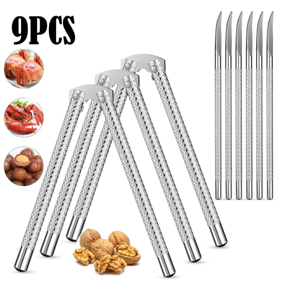 9 Pieces Nut Cracker Tool with 3 Nut Crackers and 6 Picks Stainless Steel Nutcracker Metal Shell Cracker for Seafood Nuts