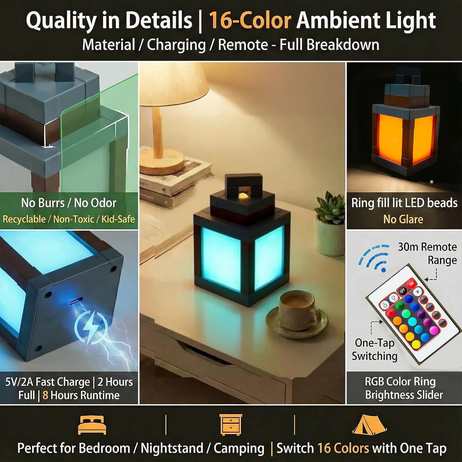 Rechargeable Pixelated Lantern Night Light | 16-Color RGB Mood Lamp with Dual Control (Remote) | Wall/Table Lamp for Cosplay, Nightstand & Bedroom Decor（1 PCS）