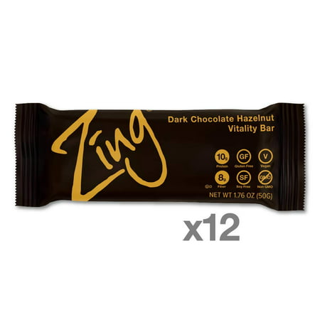 Zing Nutrition Bar, Dark Chocolate Hazelnut, Non-GMO Snack Bar for Optimum Energy, Gluten & Soy Free, Plant-Based Protein, 12